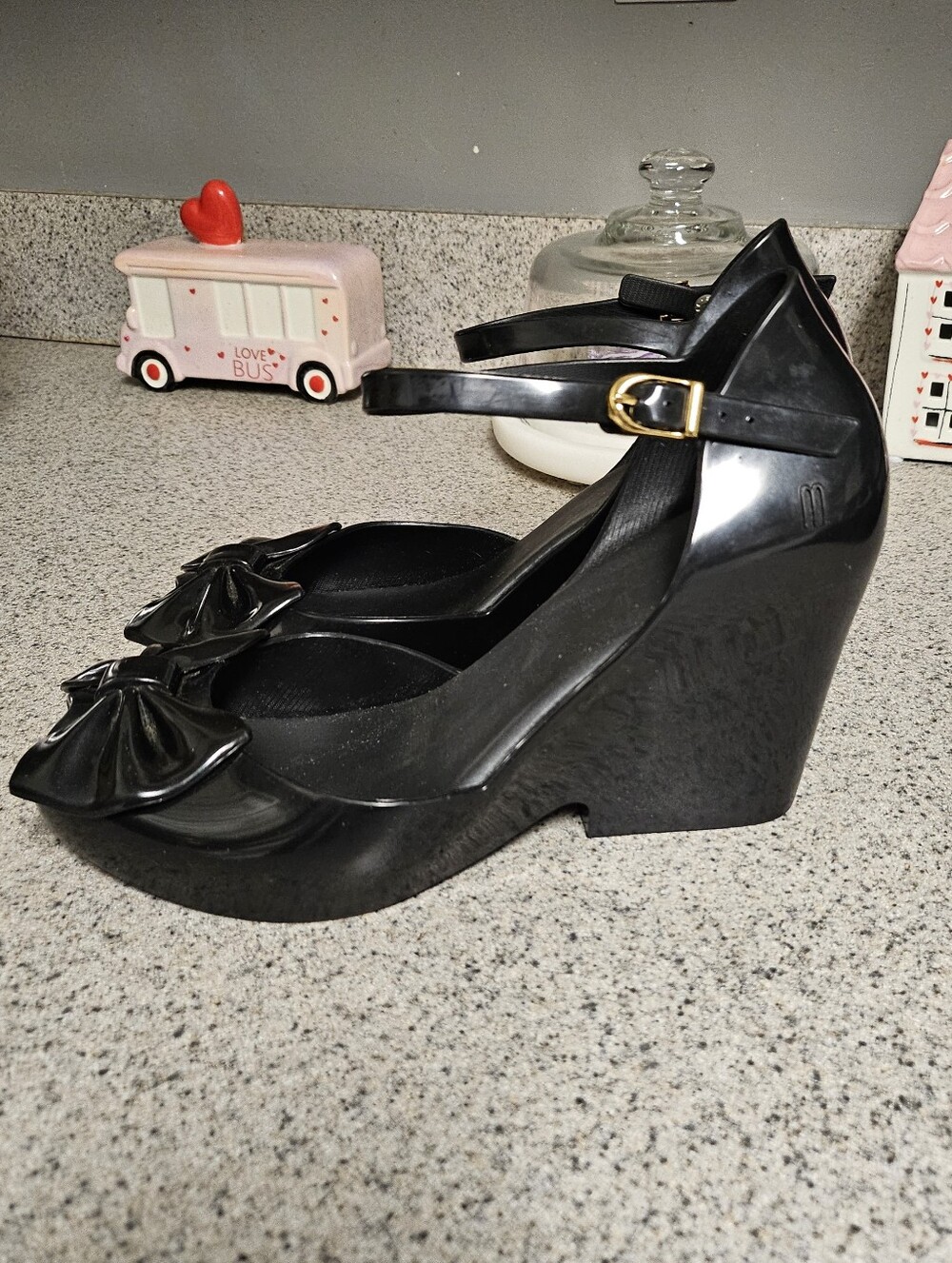 Melissa Black Wedge Mary Jane with Bow Accent